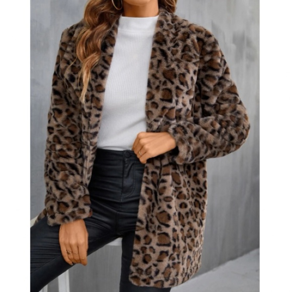 Luxe leopard print vegan fur open front coat